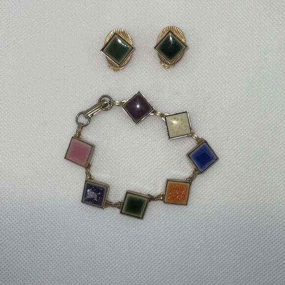 VTG 1960S SILVER TONE PINK PURPLE WHITE BLUE TILE BRACELET GOLD TILE EARRINGS - Picture 2 of 4
